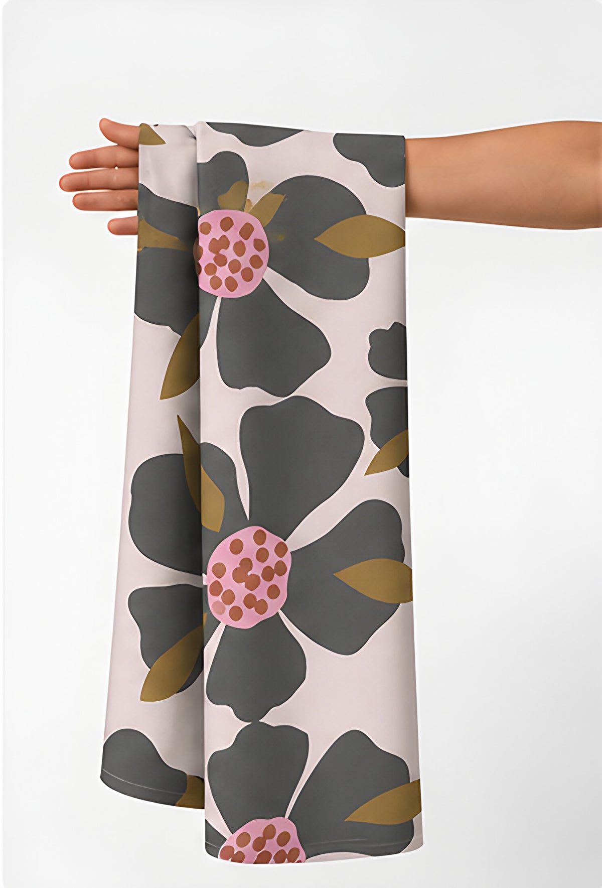 Cream Retro Daisy Print chiffon held in hand for scale