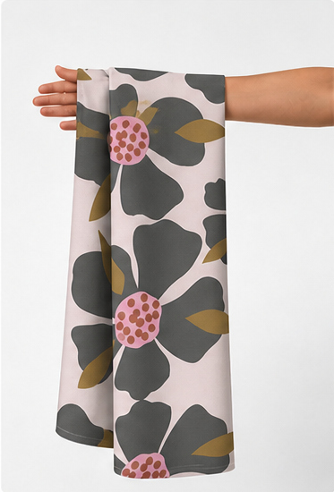 Cream Retro Daisy Print chiffon held in hand for scale