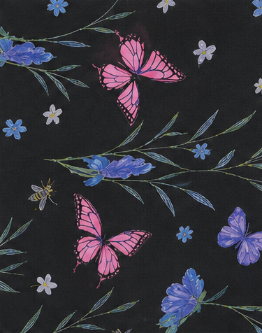 Black Blue Purple Botanical chiffon, print close up