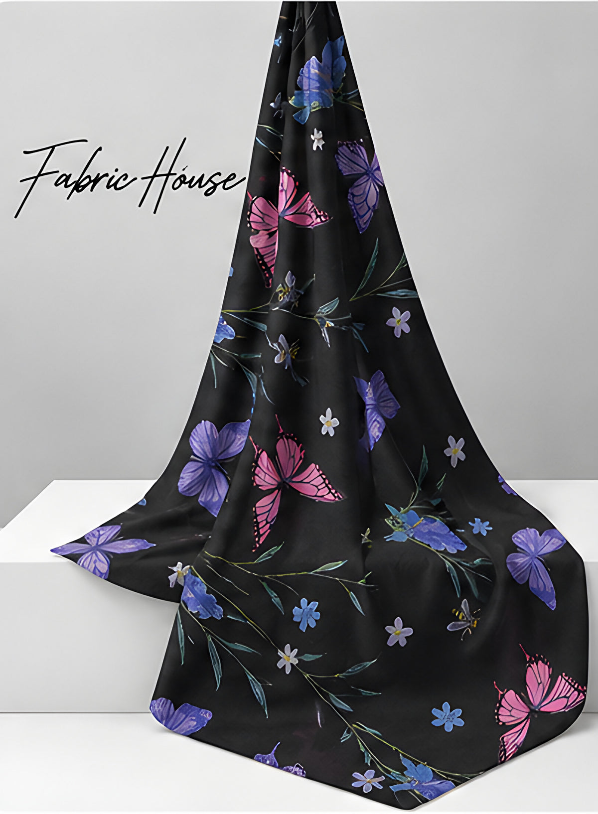 Black Blue Purple Botanical chiffon draped to show fall