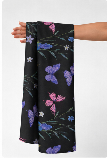 Black Blue Purple Botanical chiffon held in hand for scale