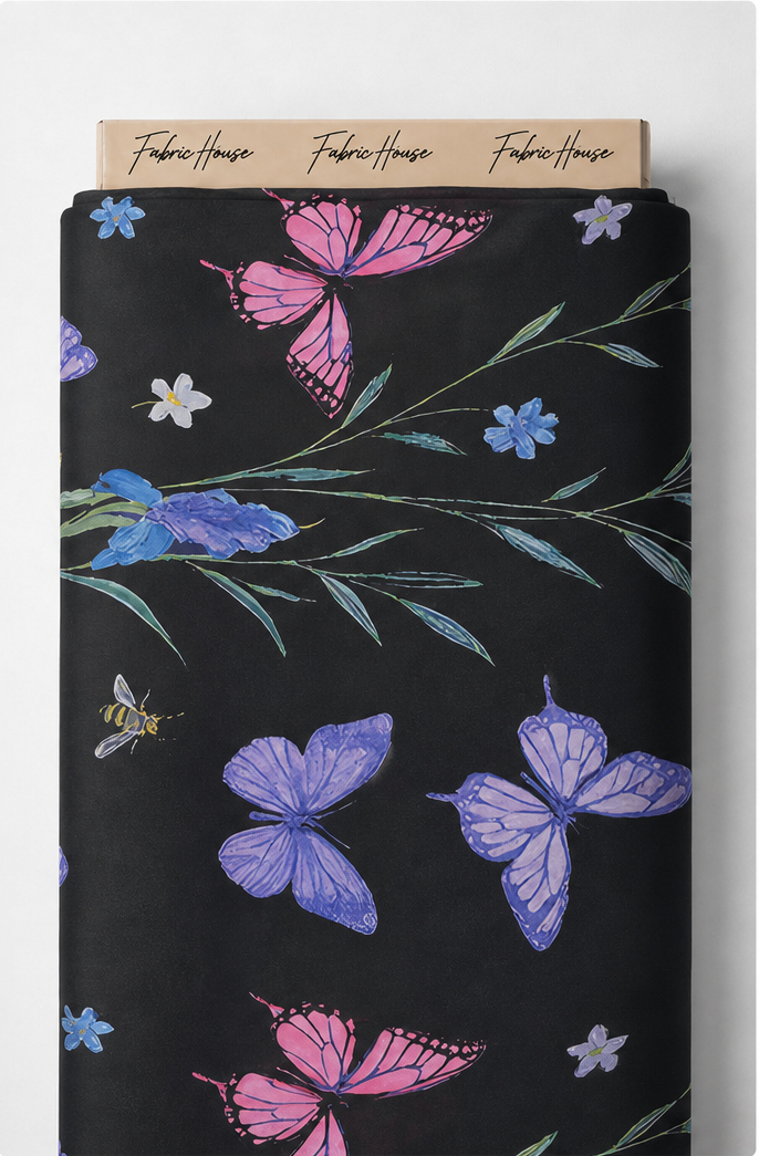 Black Blue Purple Botanical chiffon full roll