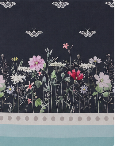 Charcoal Floral Border Print chiffon, print close up