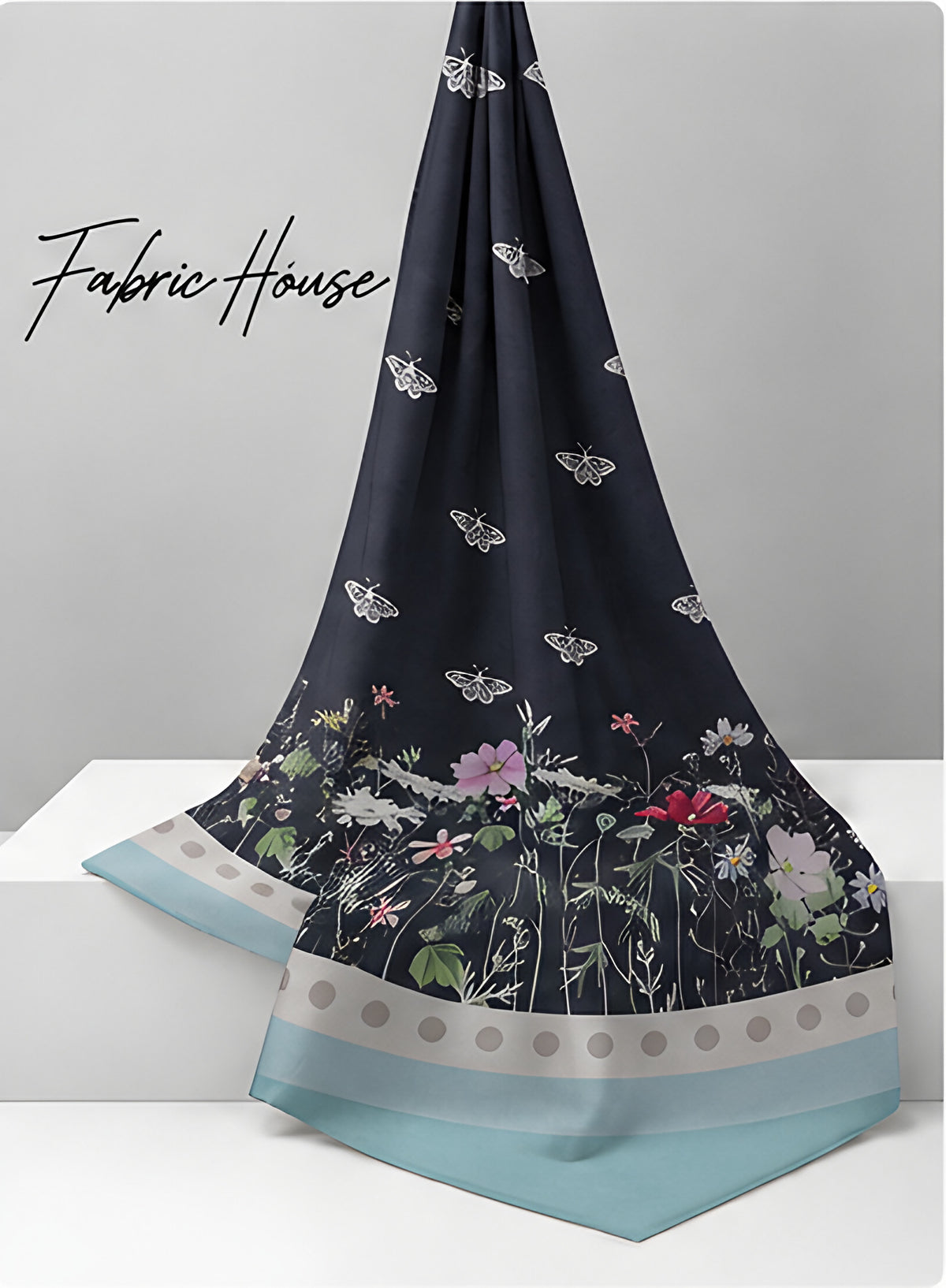 Charcoal Floral Border Print chiffon draped to show fall