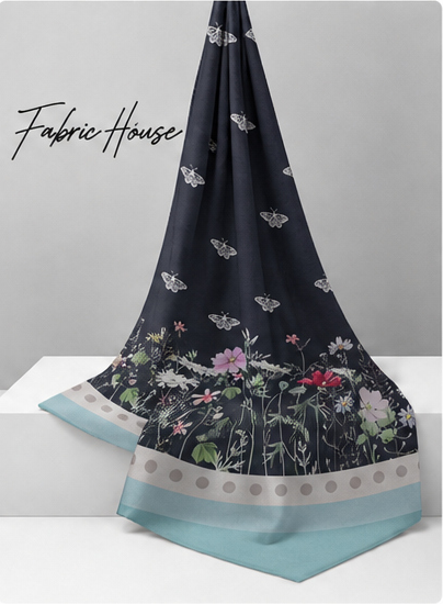 Charcoal Floral Border Print chiffon draped to show fall