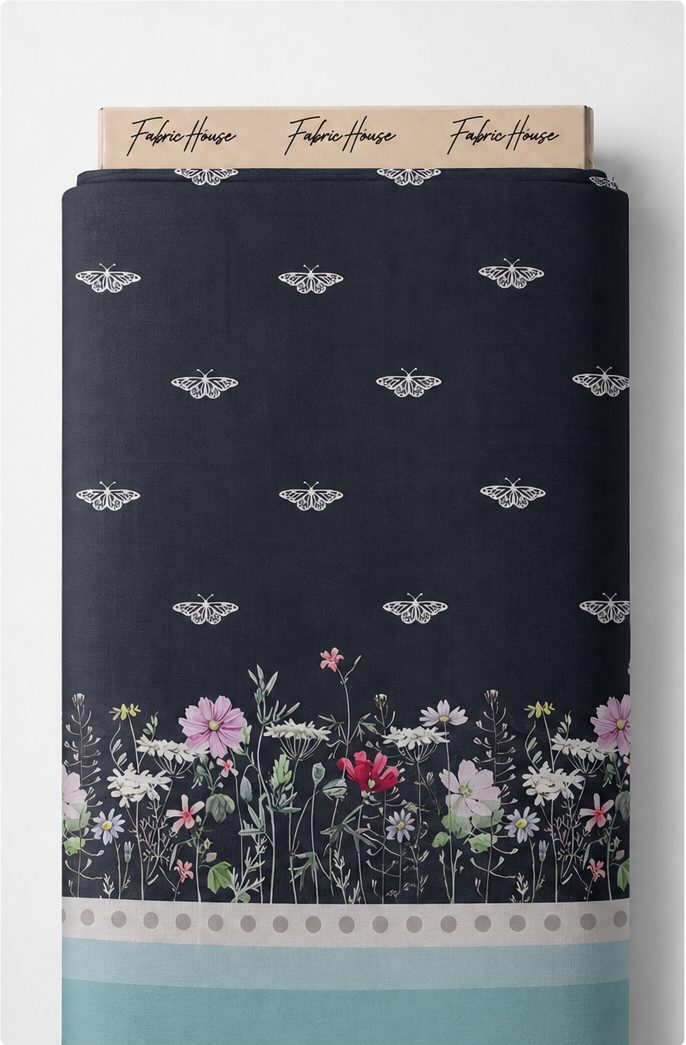 Charcoal Floral Border Print chiffon full roll