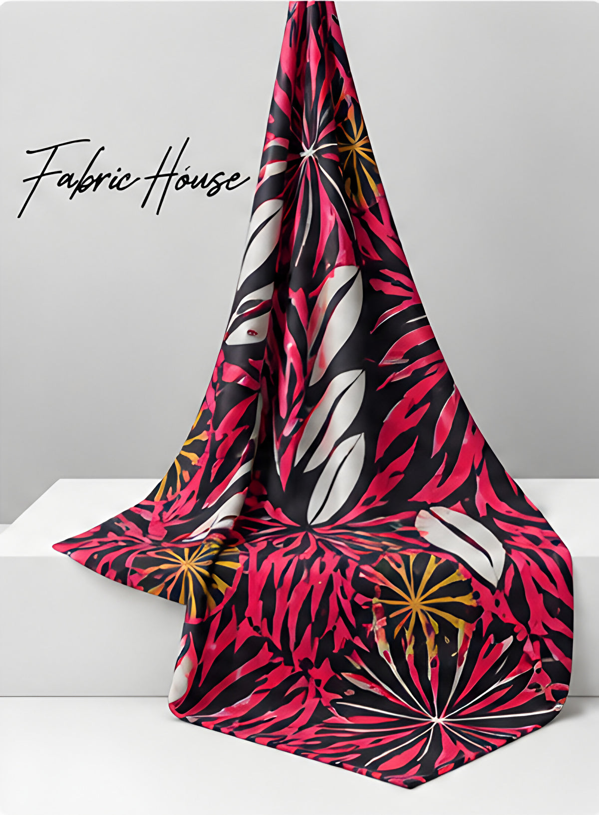 Black Hot Pink Tropical Leaves chiffon draped to show fall