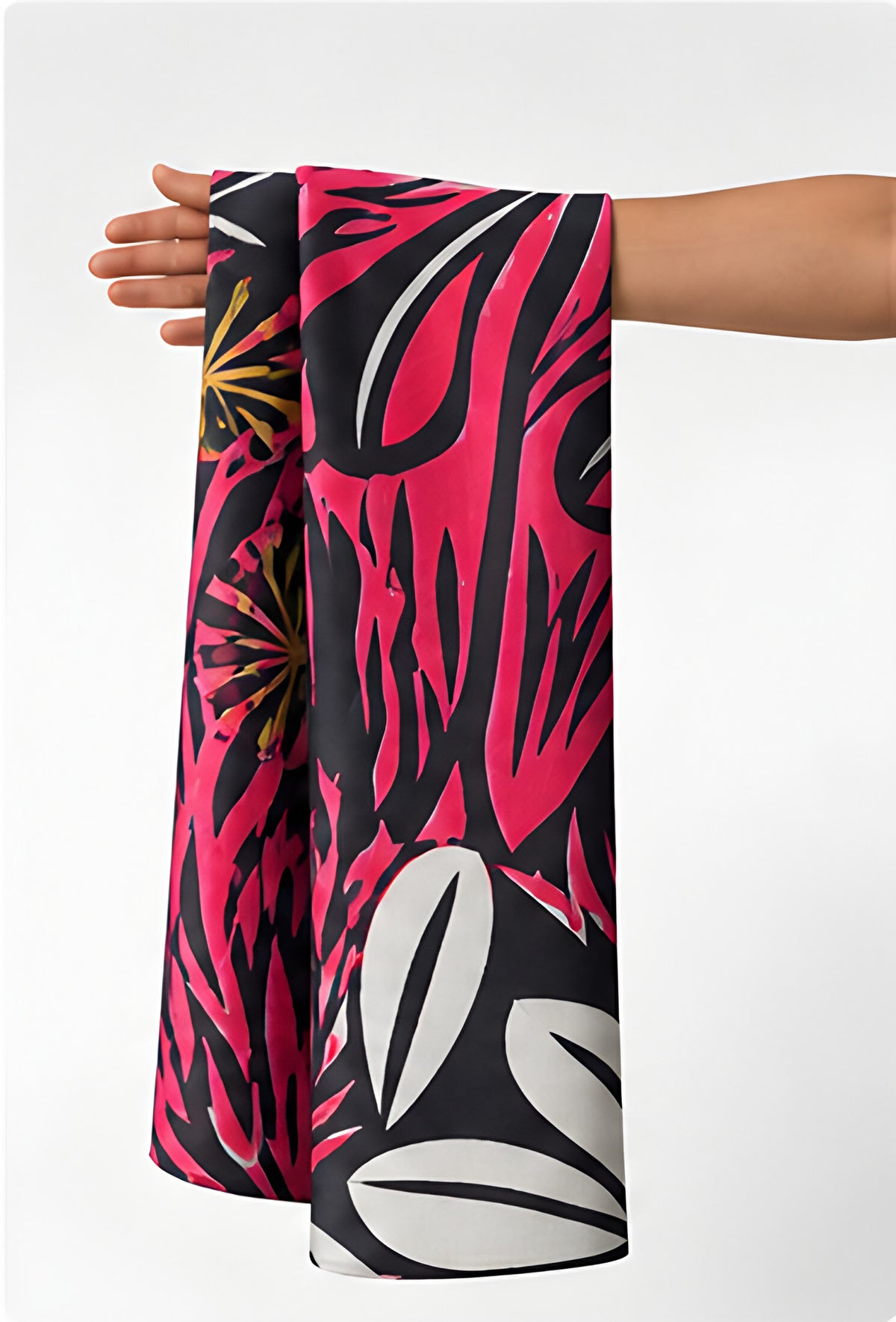 Black Hot Pink Tropical Leaves chiffon held in hand for scale