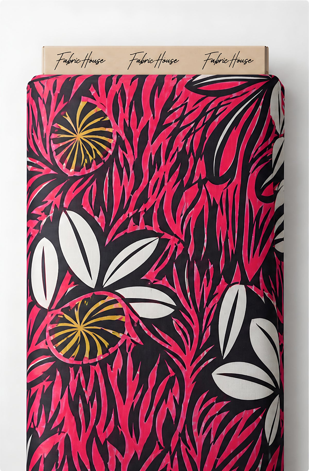 Black Hot Pink Tropical Leaves chiffon full roll