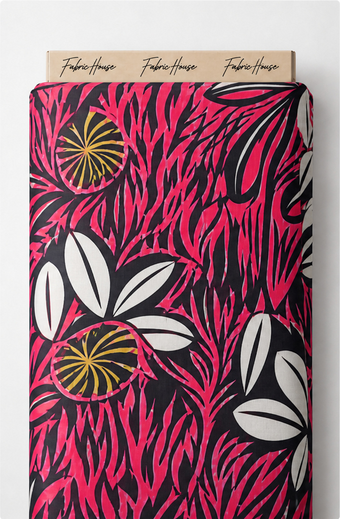 Black Hot Pink Tropical Leaves chiffon full roll