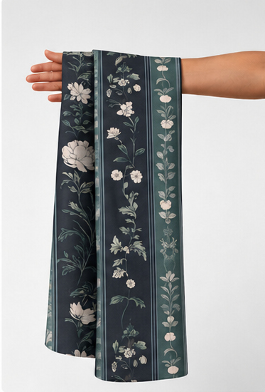Charcoal Vertical Floral Stripe chiffon held in hand for scale