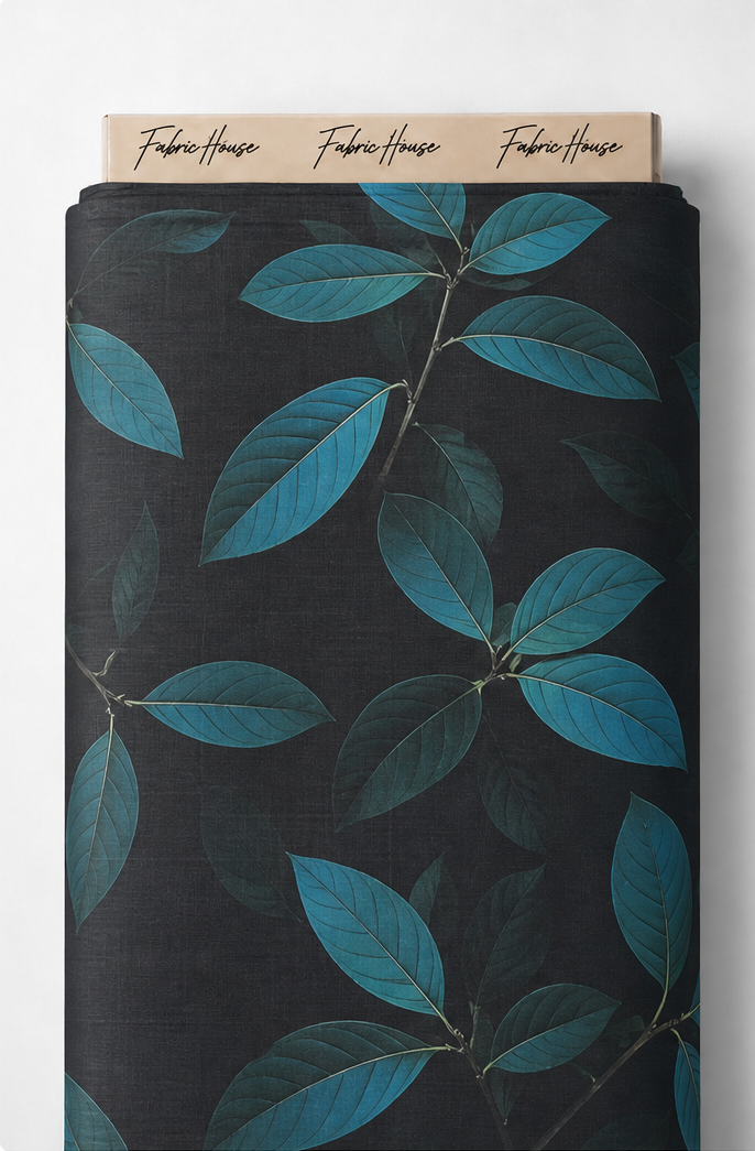 Black Teal Leaf Print chiffon full roll