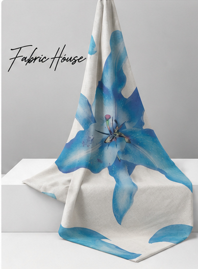 Ivory Blue Lily Print chiffon draped to show fall