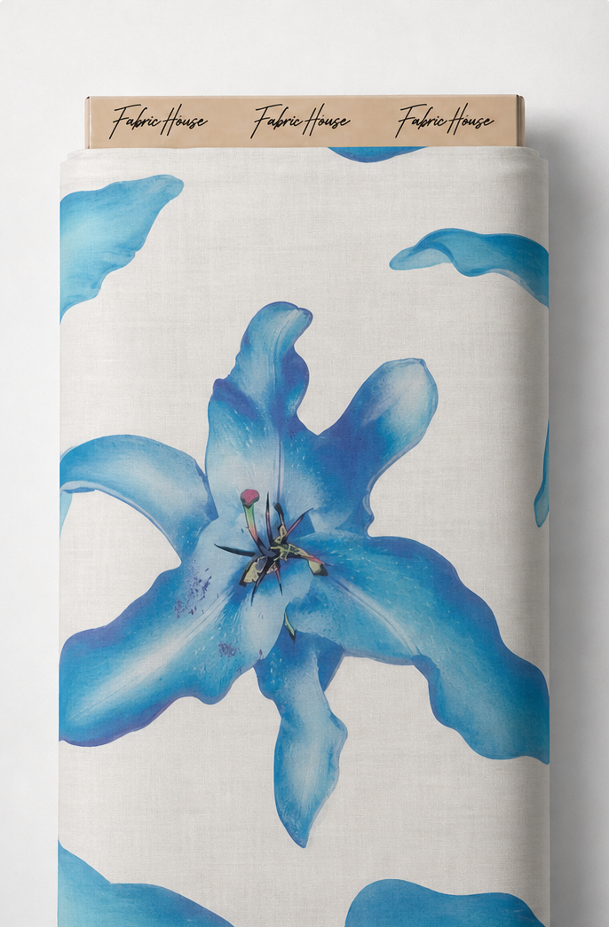 Ivory Blue Lily Print chiffon full roll