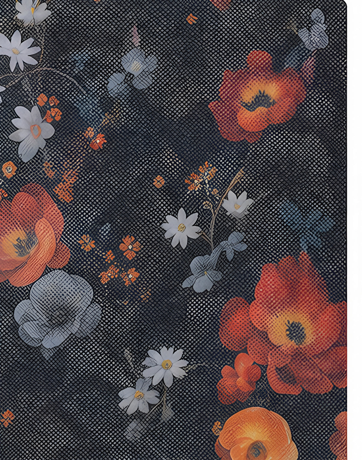Charcoal Orange Vintage Floral chiffon, print close up