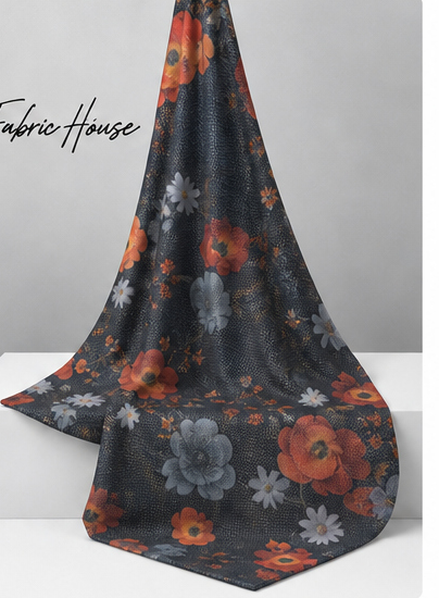 Charcoal Orange Vintage Floral chiffon draped to show fall