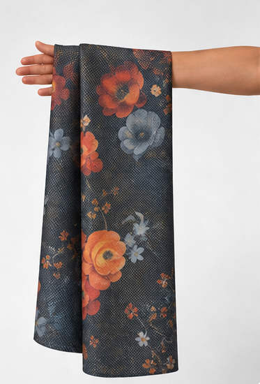 Charcoal Orange Vintage Floral chiffon held in hand for scale