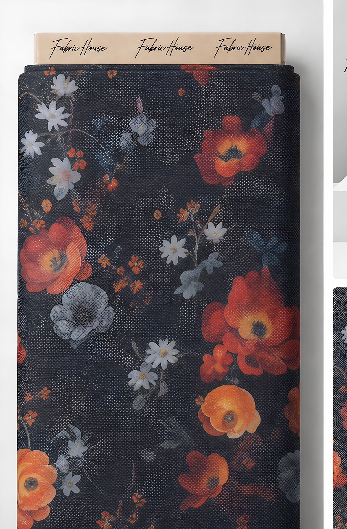 Charcoal Orange Vintage Floral chiffon full roll
