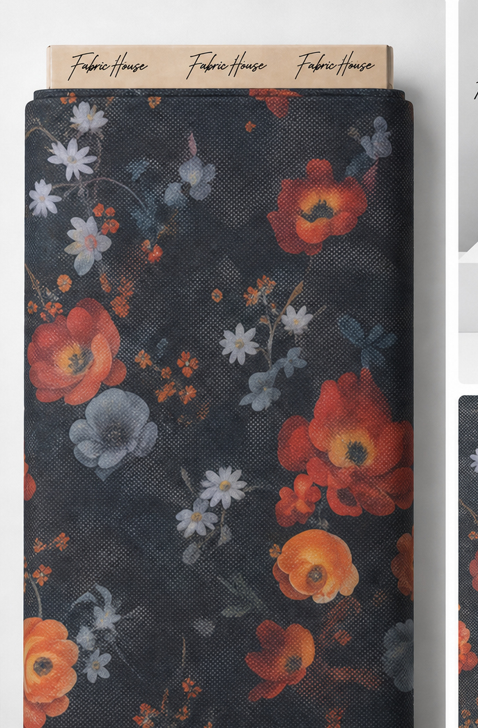 Charcoal Orange Vintage Floral chiffon full roll