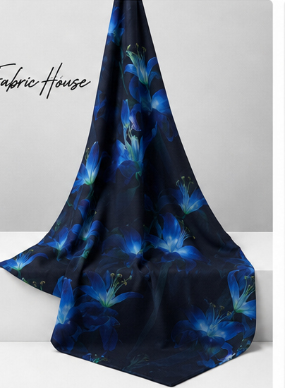 Black Electric Blue Flowers chiffon draped to show fall