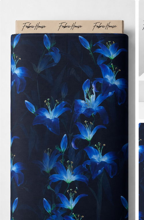 Black Electric Blue Flowers chiffon full roll