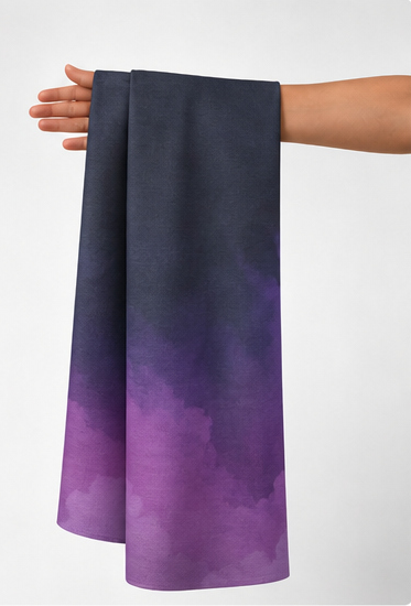 Purple Ombre Watercolor chiffon held in hand for scale