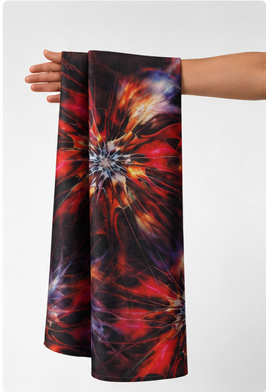 Black Fiery Abstract Burst chiffon held in hand for scale