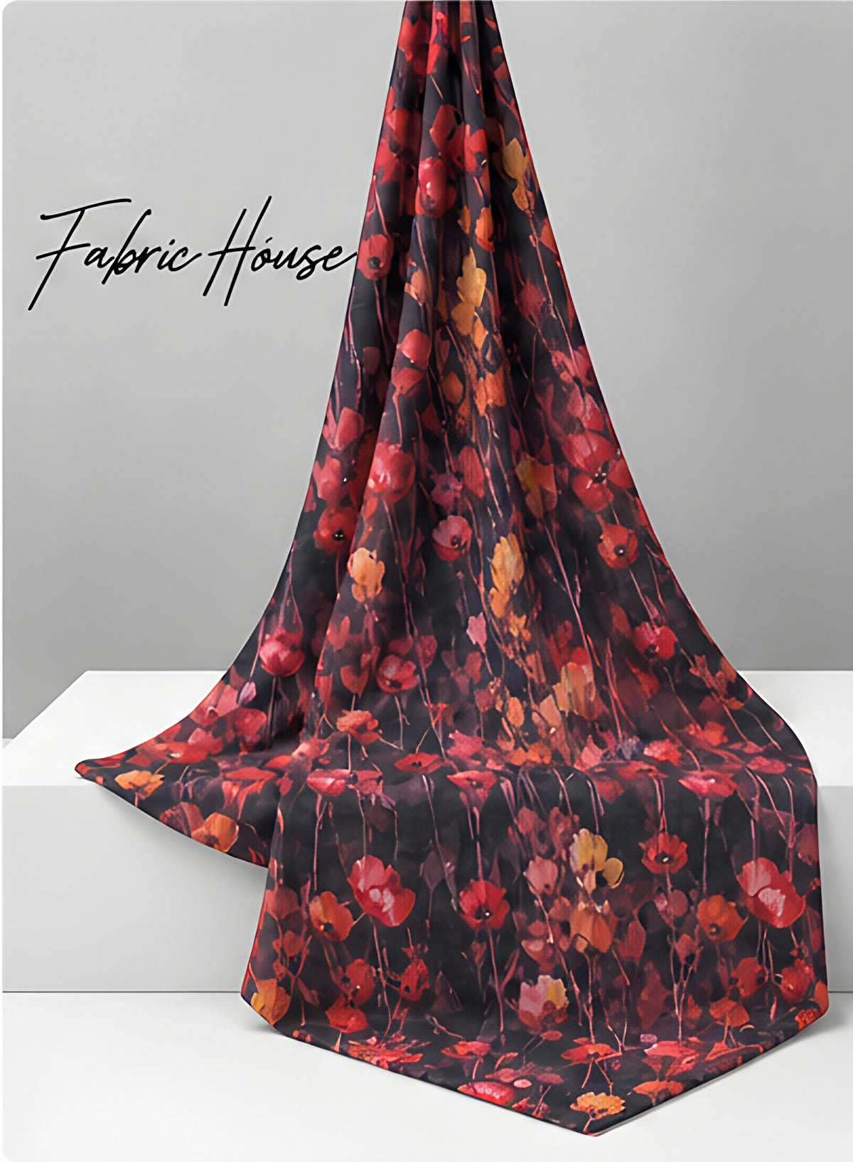 Black Red Wildflower Print chiffon draped to show fall