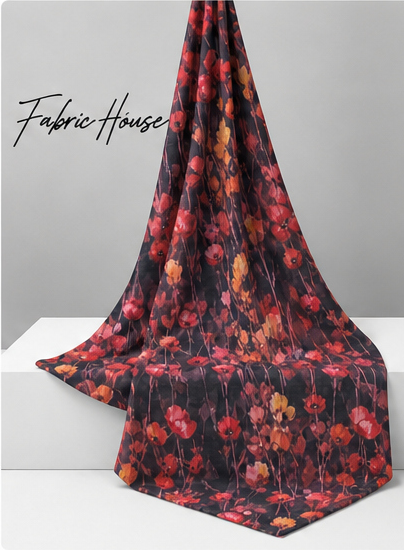 Black Red Wildflower Print chiffon draped to show fall