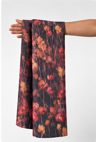 Black Red Wildflower Print chiffon held in hand for scale