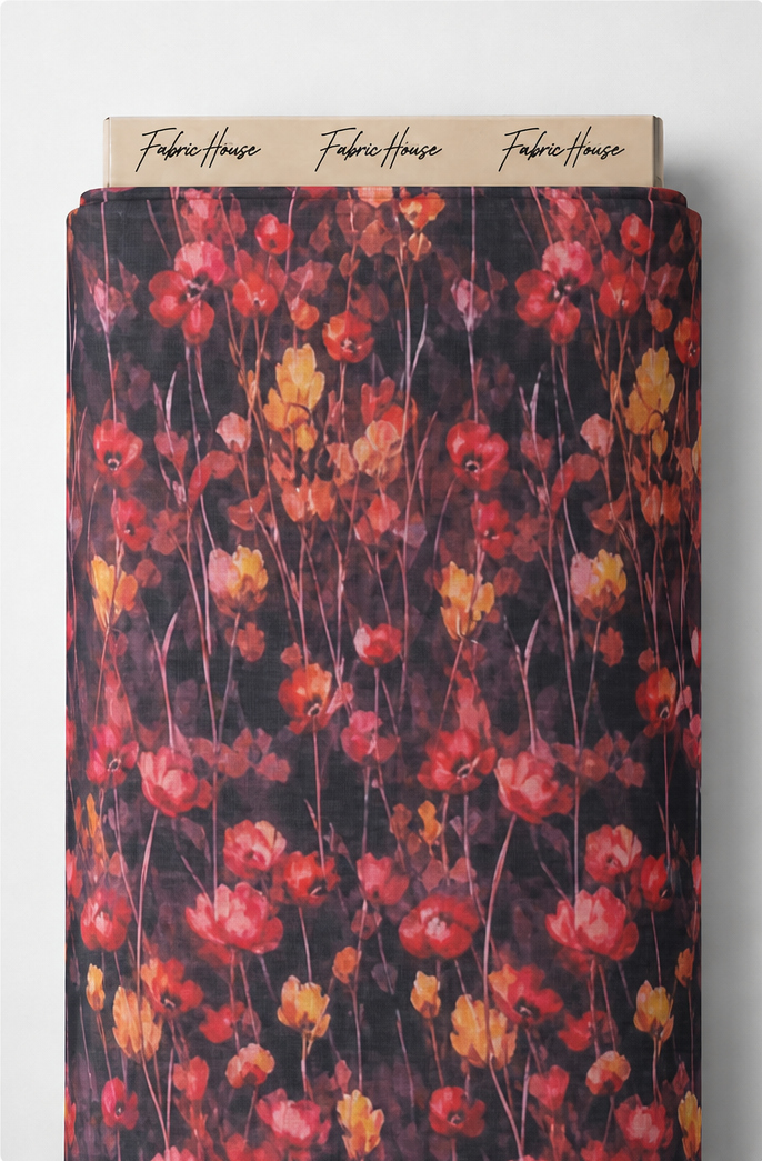 Black Red Wildflower Print chiffon full roll