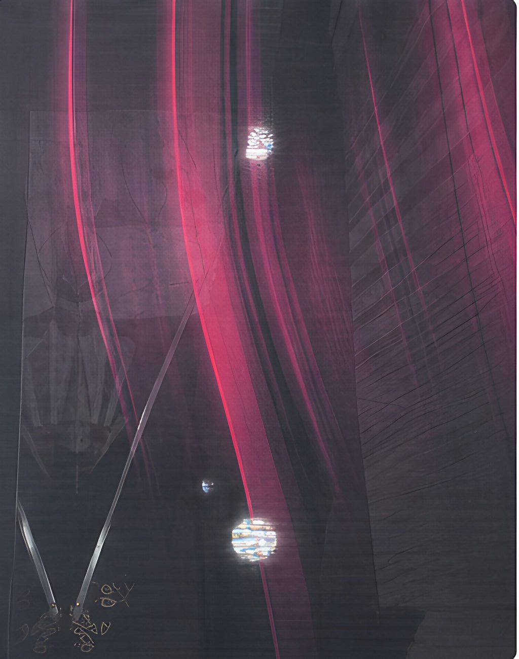 Black Magenta Light Streaks chiffon, print close up