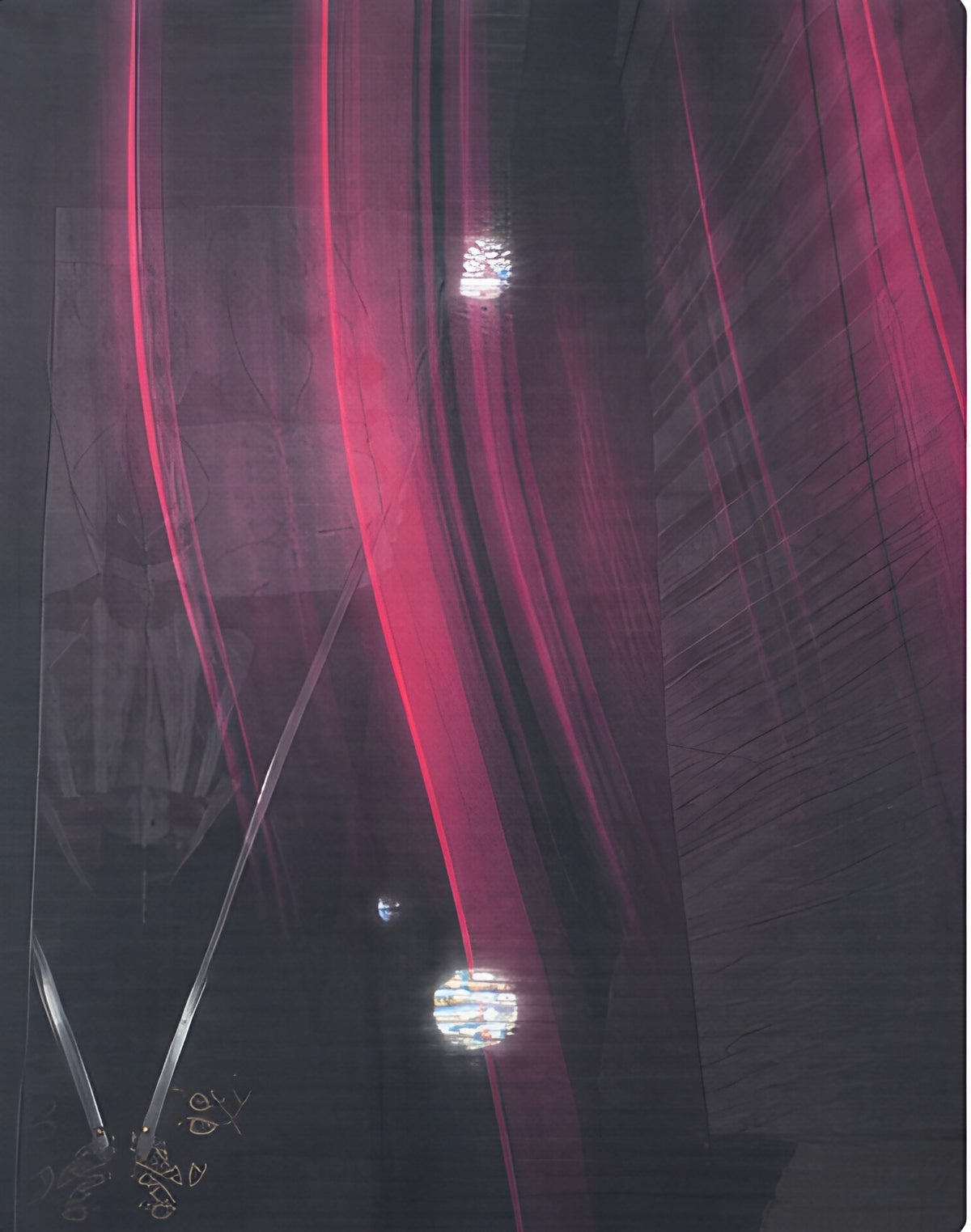 Black Magenta Light Streaks chiffon, print close up