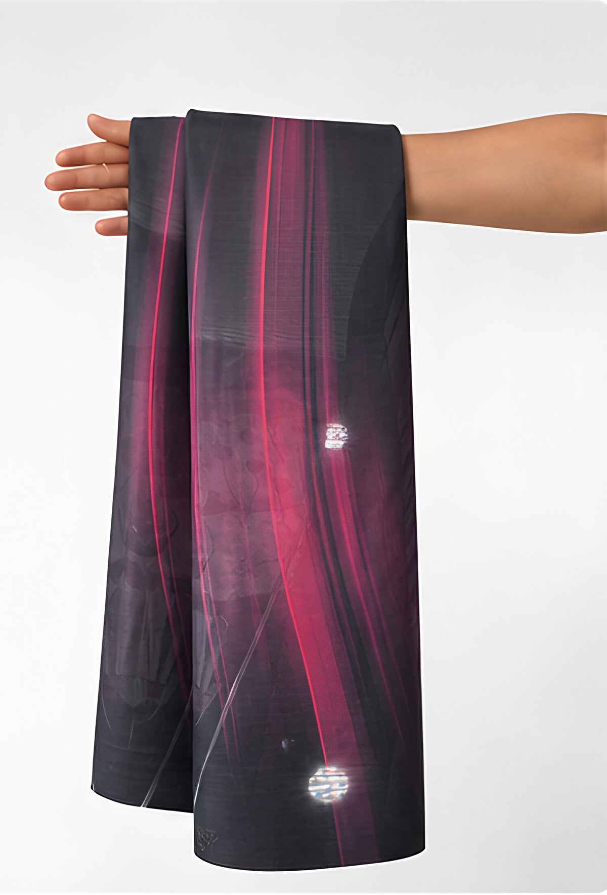 Black Magenta Light Streaks chiffon held in hand for scale