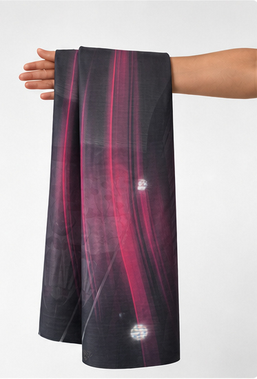 Black Magenta Light Streaks chiffon held in hand for scale