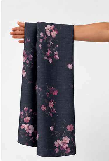 Black Delicate Pink Blossom chiffon held in hand for scale