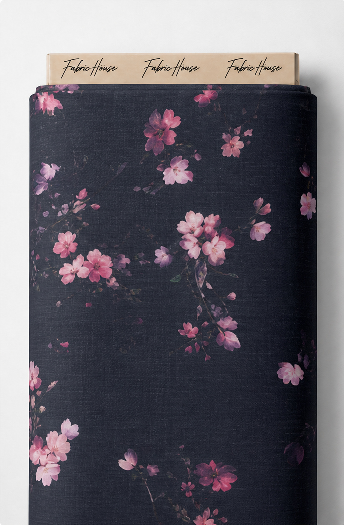 Black Delicate Pink Blossom chiffon full roll