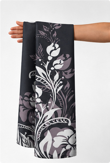 Black White Botanical Floral chiffon held in hand for scale