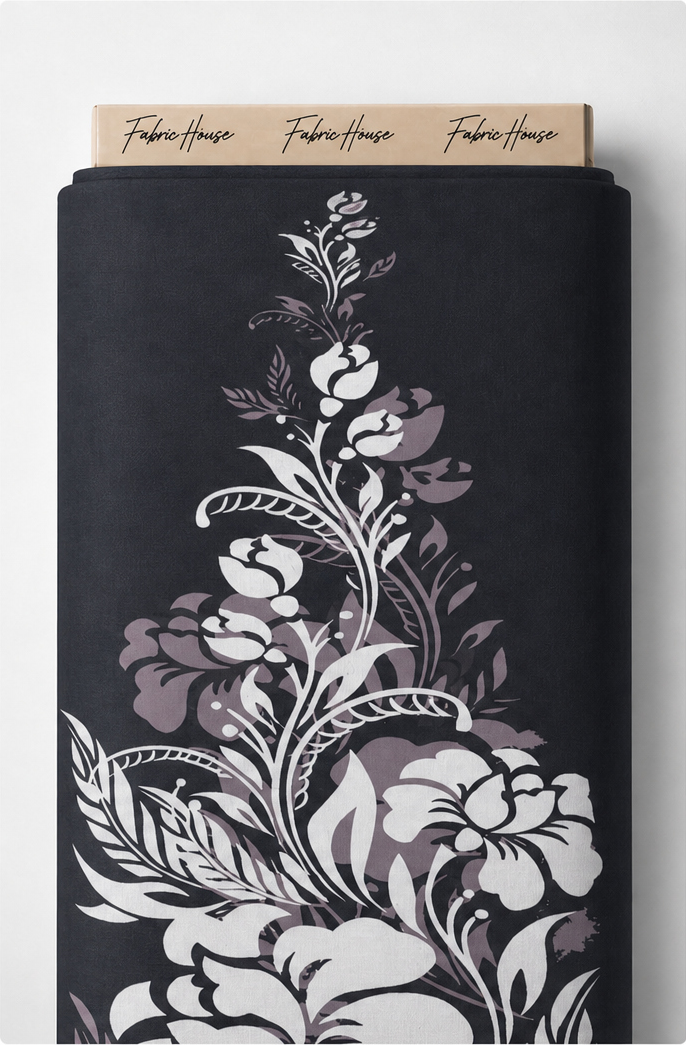 Black White Botanical Floral chiffon full roll
