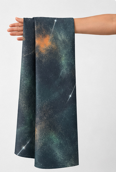 Dark Green Sunset Abstract chiffon held in hand for scale