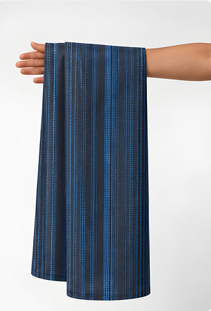 Navy Blue Fine Vertical Stripes chiffon held in hand for scale