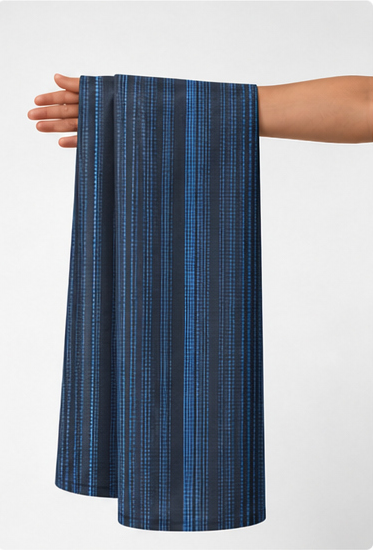 Navy Blue Fine Vertical Stripes chiffon held in hand for scale