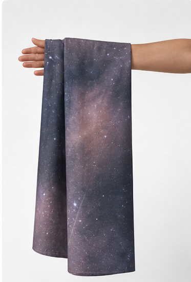 Midnight Cosmic Nebula chiffon held in hand for scale