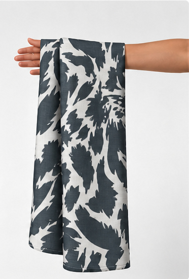 Black White Zebra Botanical chiffon held in hand for scale