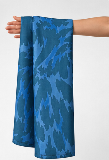 Electric Blue Abstract Leaves chiffon held in hand for scale