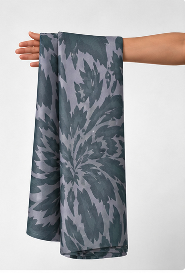 Sage Grey Tropical Leaves chiffon held in hand for scale