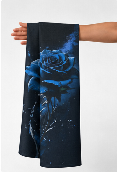 Midnight Blue Rose Bloom chiffon held in hand for scale