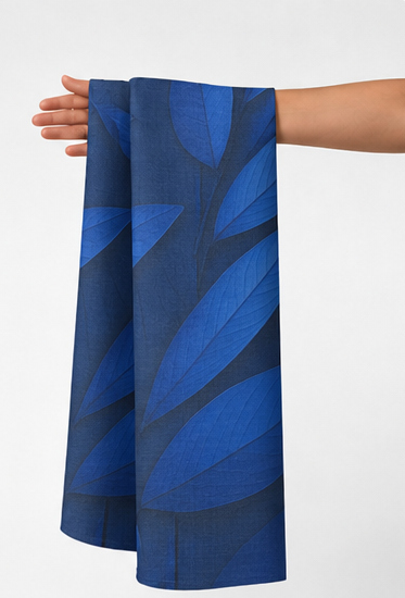 Royal Blue Oversized Leaves chiffon held in hand for scale