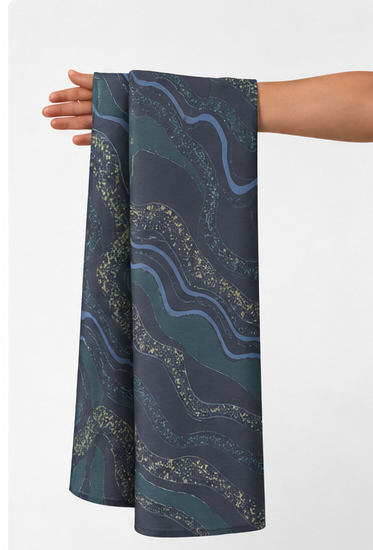Teal Grey Marbled Paisley chiffon held in hand for scale