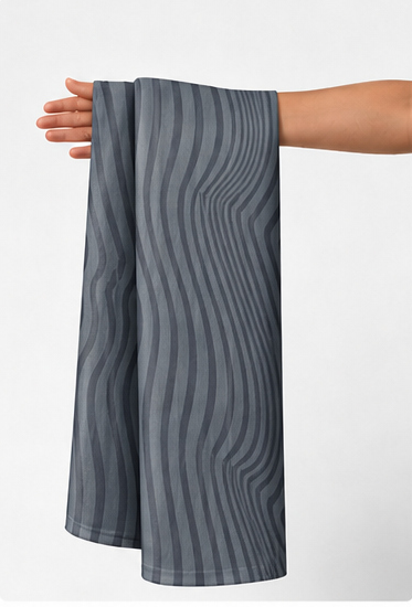 Grey Wavy Pinstripes chiffon held in hand for scale